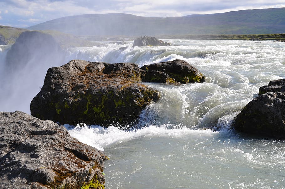 iceland, waterfall, godafoss, nature, landscape, beauty in nature, HD wallpaper