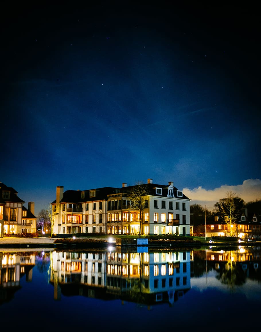 Night, Water, Building, Reflection, house, city, architecture HD wallpaper