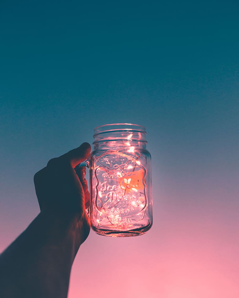 sky, sunset, hand, glass, jar, string, human hand, human body part HD wallpaper