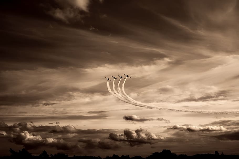 sky, clouds, airplanes, jets, formation, military, travel, transportation HD wallpaper