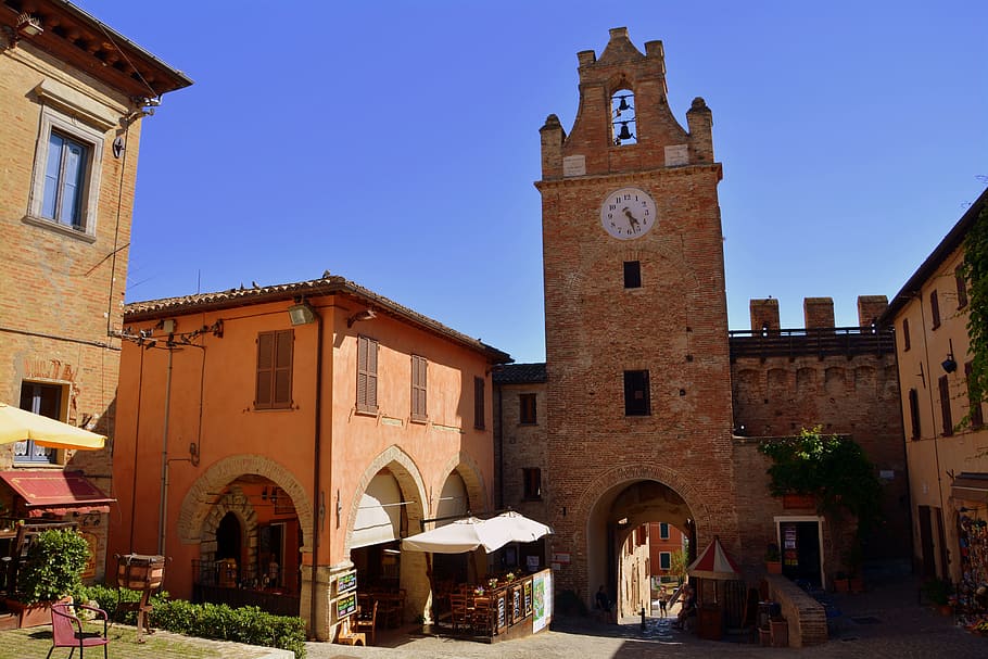 torre, watch, medieval, door, arc, entry, castle, gradara, italy, HD wallpaper