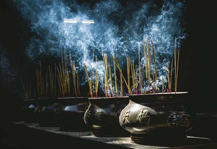 brown ceramic pot wit leafs, incense, pots, smoke, oriental HD wallpaper
