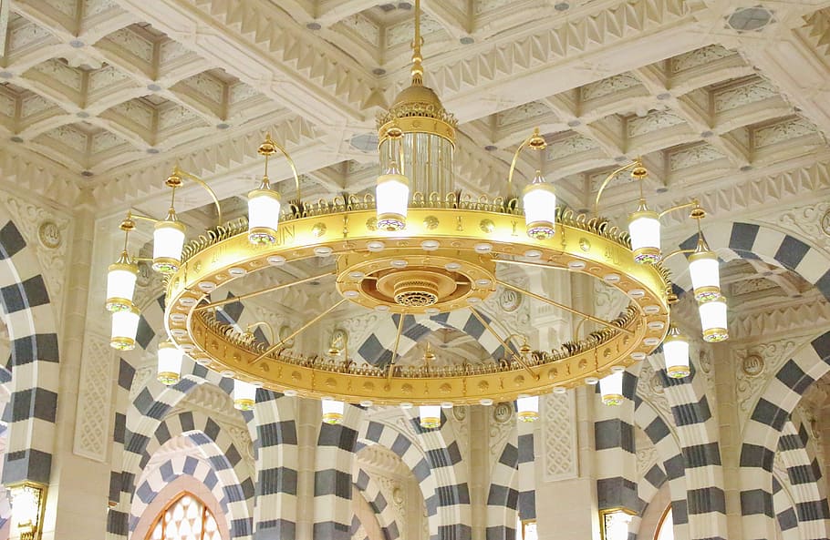 vintage brass-colored chandelier turned-on, prophet, mosque, masjid