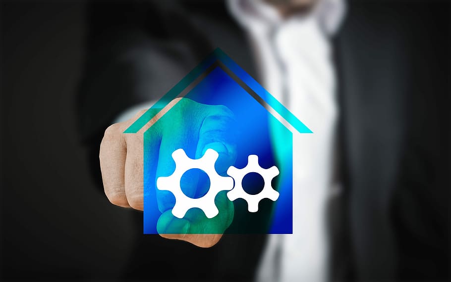 blue house illustration, smart home, technology touch screen, HD wallpaper