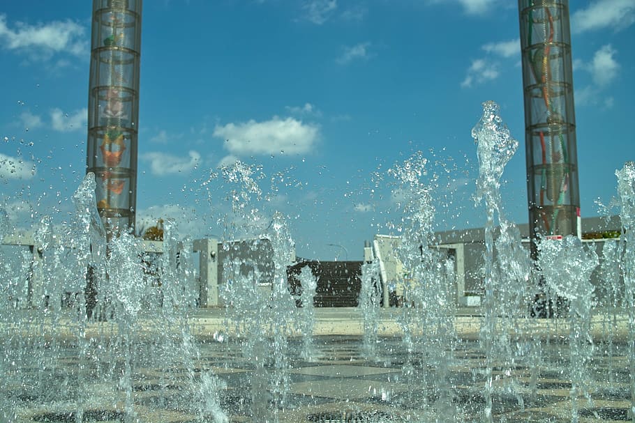 fountain, stadium, pillar, stop, water, built structure, sky HD wallpaper