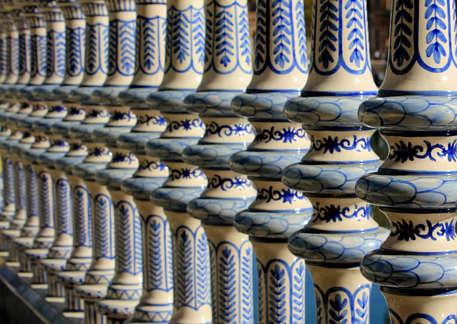 White, Ceramic, Spindles, blue, balustrade, spain, colour, pattern HD wallpaper