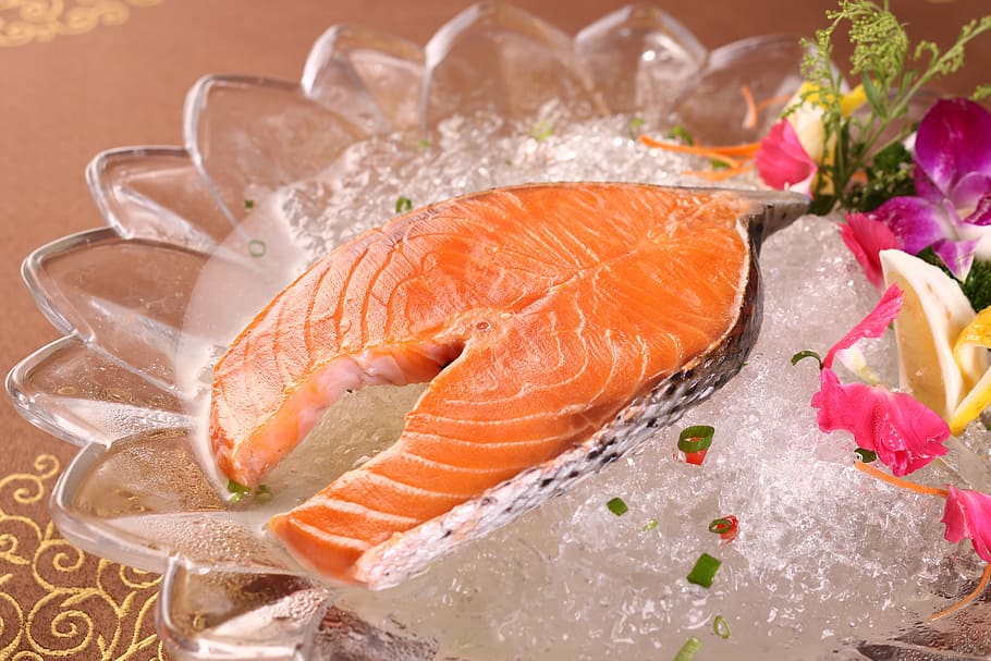 selective focus photo of fish on bowl, seafood, fresh, salmon, HD wallpaper