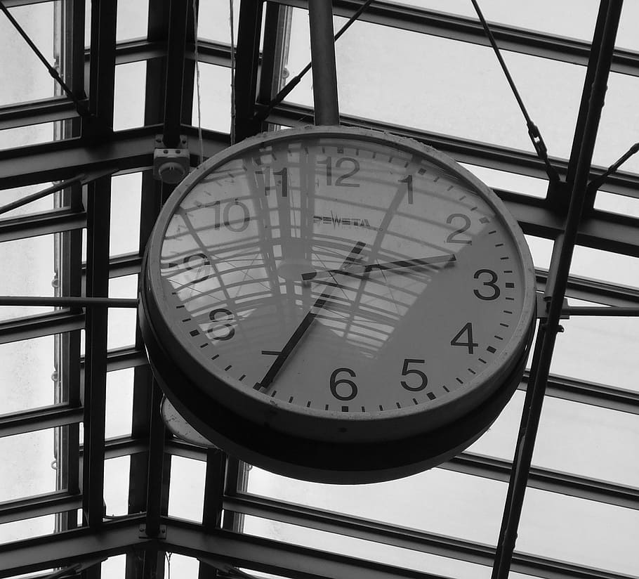 clock, black and white, time, hours, pointer, clock face, railway station HD wallpaper