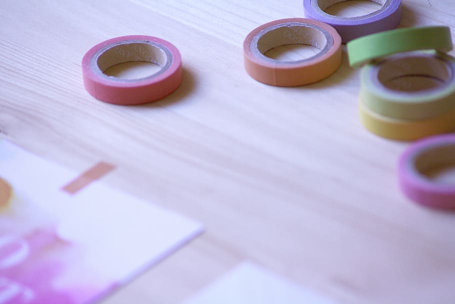 assorted adhesive tapes on brown surface, desk, office, creative HD wallpaper