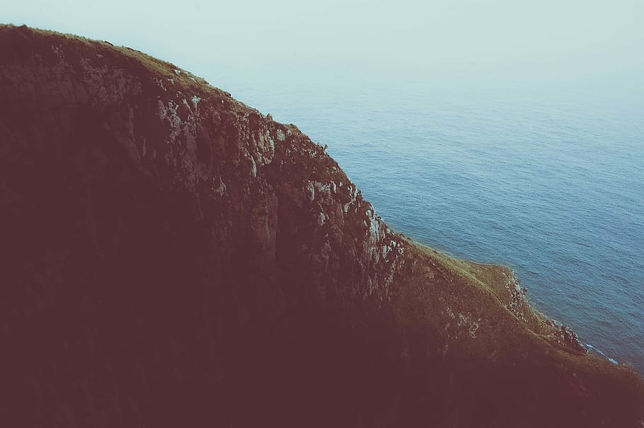 aerial view of mountain, sea, beach, rocks, formation, blue HD wallpaper