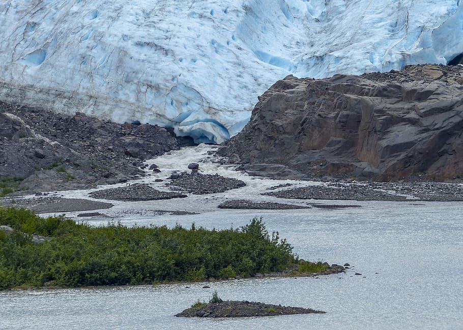 glacier, melting, ice, water, lake, mountain, nature, landscape, HD wallpaper