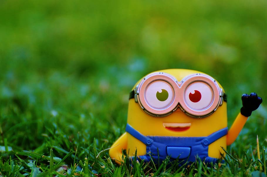 selective focus photography of Minion on grass, Figure, Minions