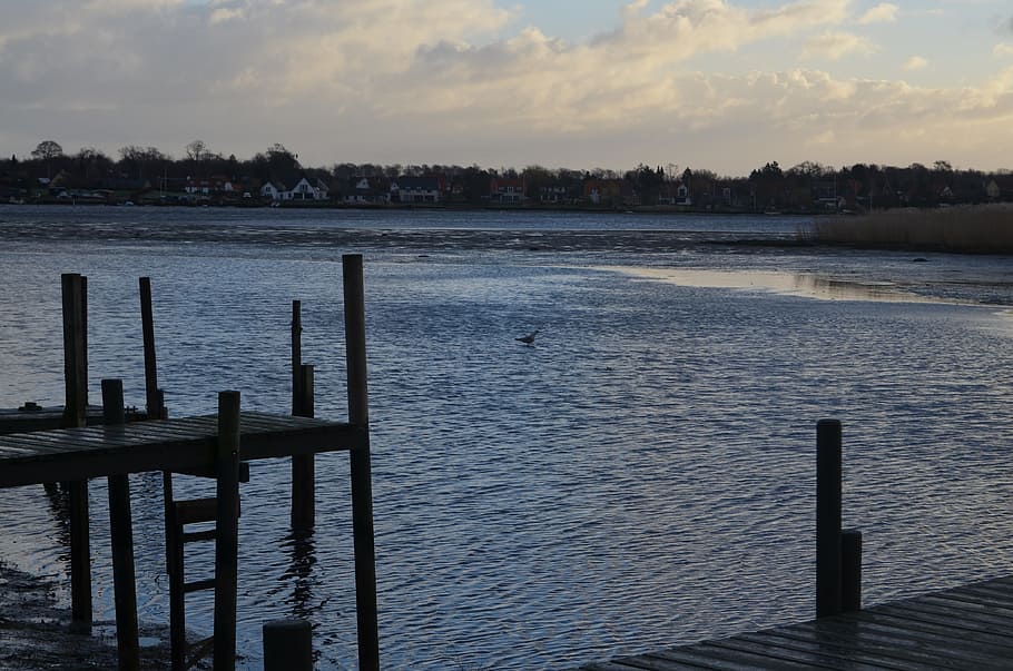 View, Winter, Sea, Evening, Pier, Wood, lake, water, dusk, nature HD wallpaper