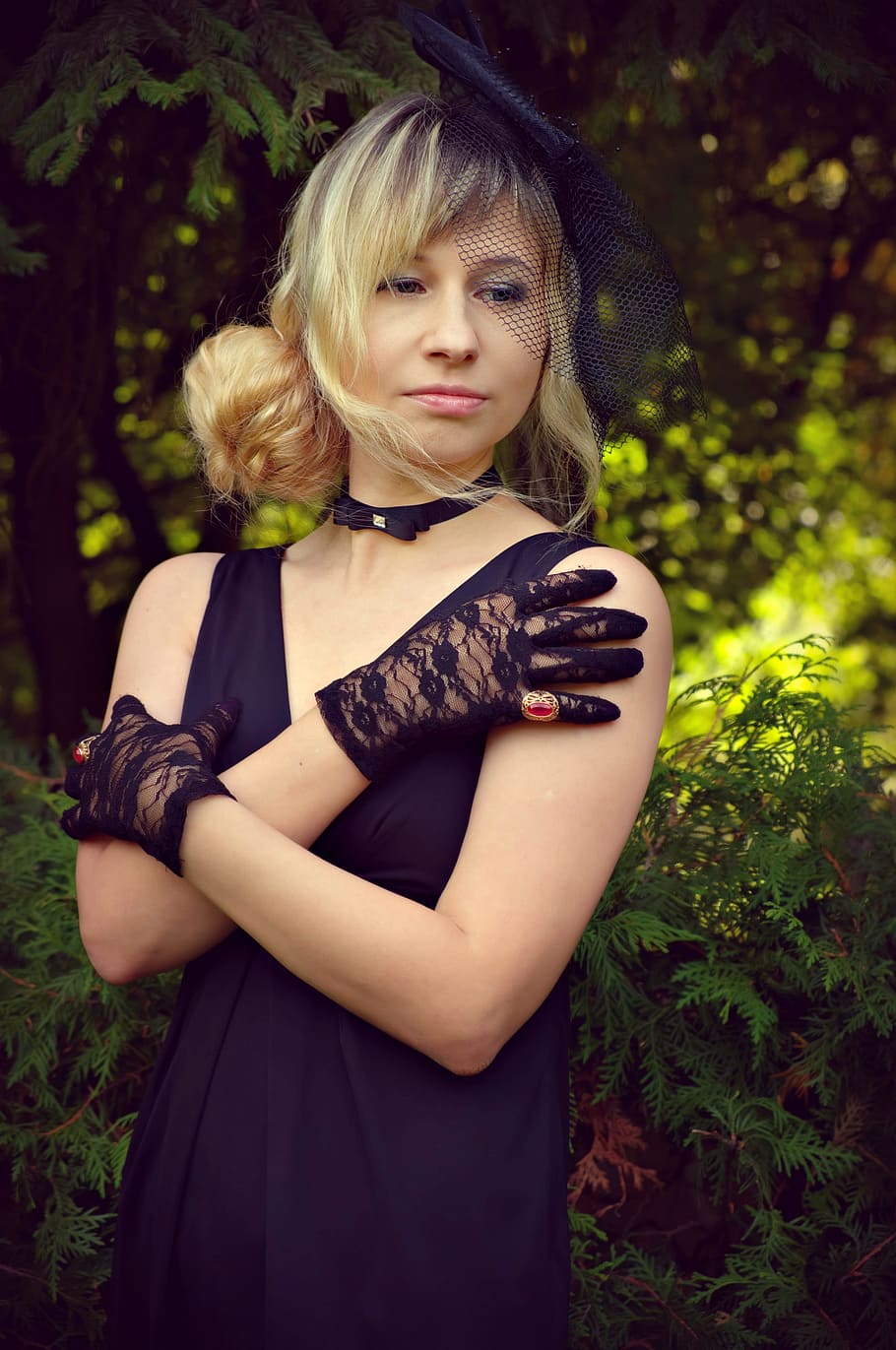 hat, retro, shawl, park, woman, blonde, hair, portrait, model HD wallpaper
