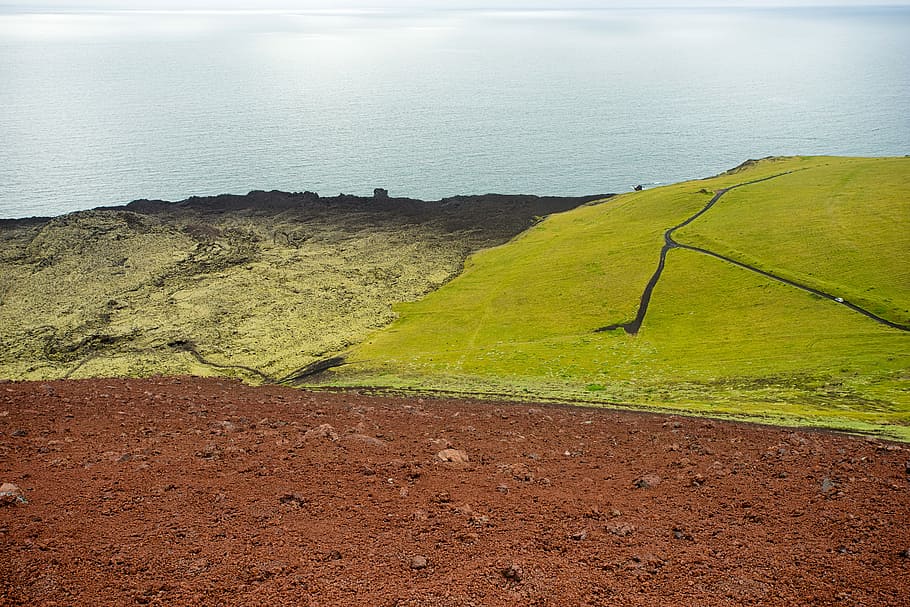 green grass hill, hillside, cliff, field, path, track, volcano HD wallpaper