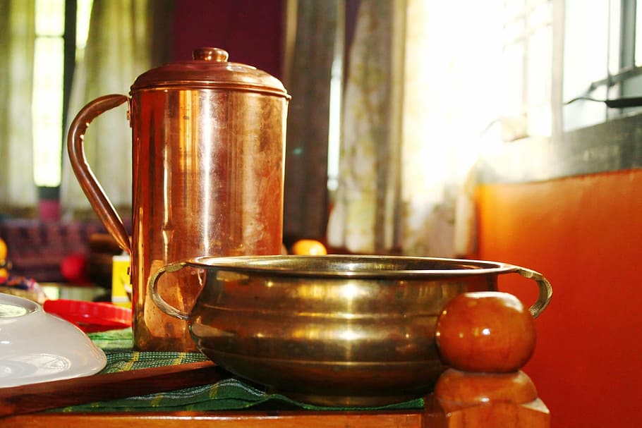 copper vessel, water jug, copper jug, brass pot, brass cooking pot, HD wallpaper