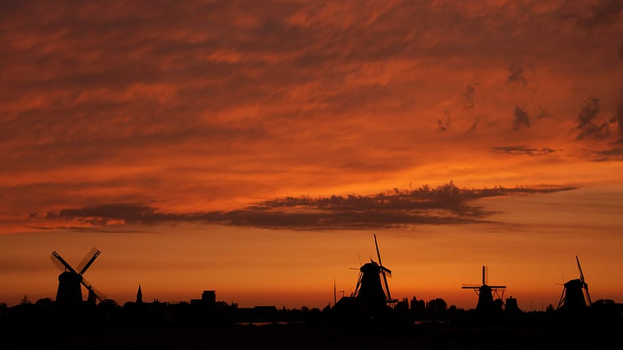 windmill silhouette during golden house, silhouette with 4 windmills under orange skies during sunset HD wallpaper