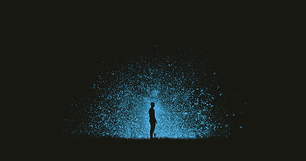 photo of man standing during nighttime, silhouette of man standing surrounded by blue lights in the dark HD wallpaper