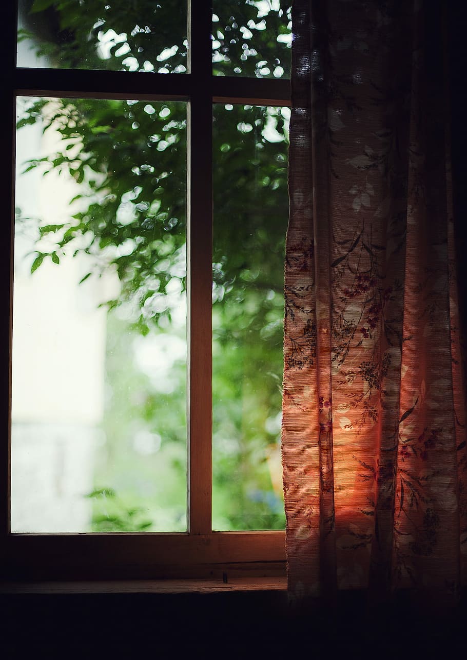 brown and black floral curtains near green leafed trees, low-light photography of brown and white curtain and clear glass window pane