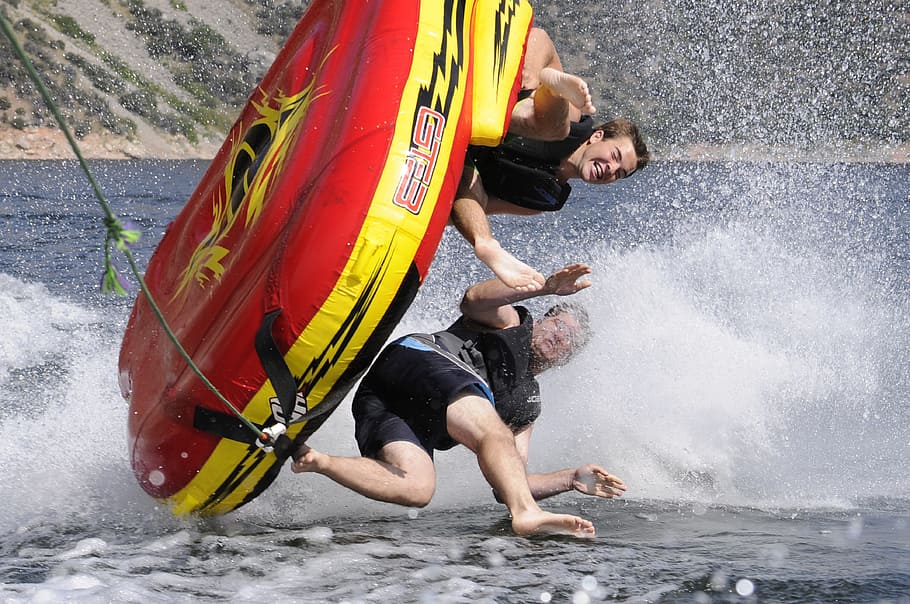 two men on inflatable boat on water, sport, action, spray, competition, HD wallpaper