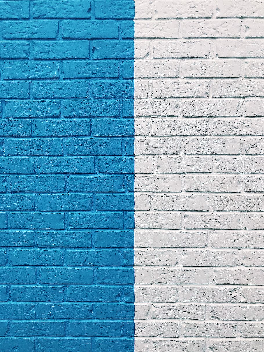 blue and white painted wall, blue and white brick wall, abstract, HD wallpaper