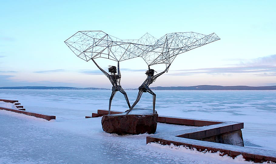 Karelia, Petrozavodsk, Lake Onega, fishermen, metal sculpture, HD wallpaper