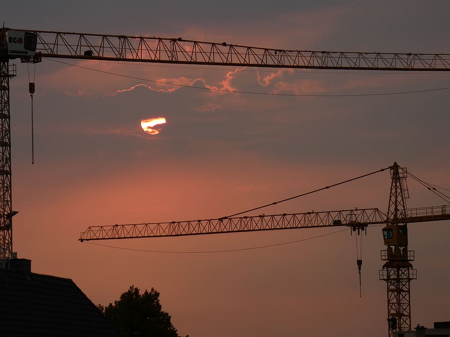 sunrise, crane, site, sunset, sky, connection, architecture HD wallpaper