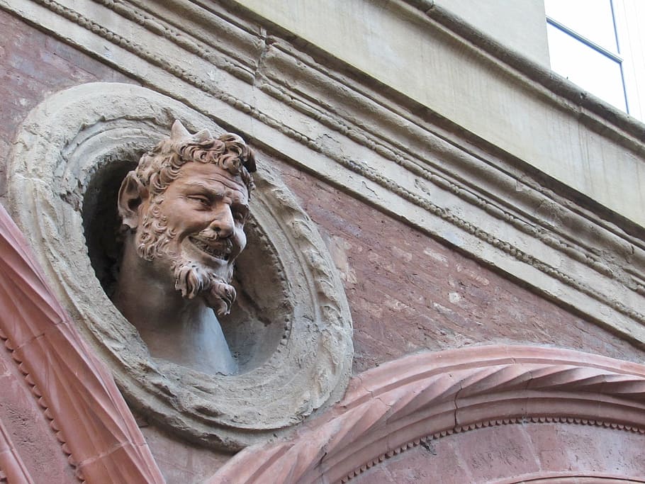 man head sculpture, devil, bologna, italy, architecture, building HD wallpaper
