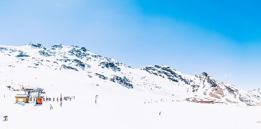mountain covered by snow, snow mountain, mountain ridge, ski HD wallpaper