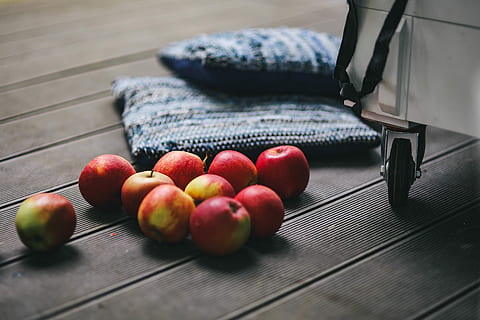 Red apples, fruit, healthy, snack, food, wood - Material, freshness HD wallpaper