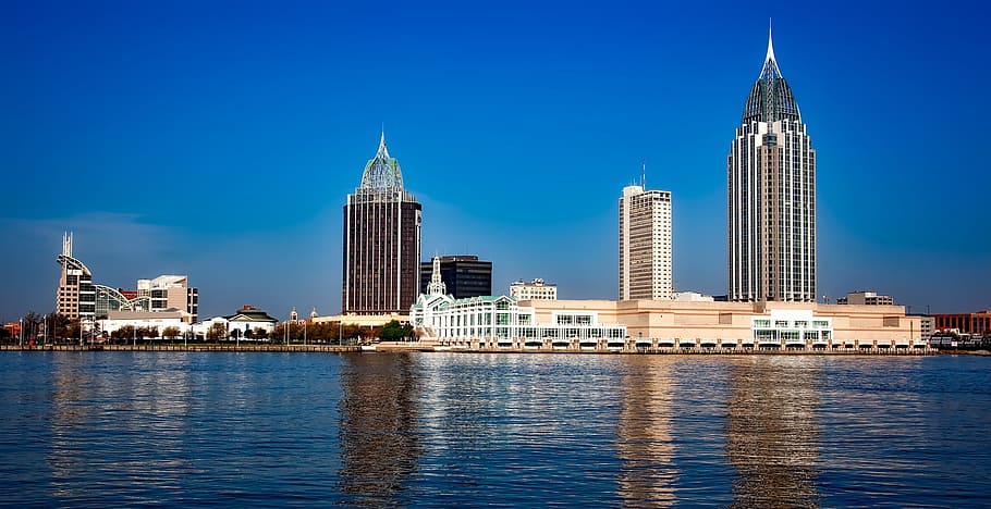 high-rise buildings near body of water, mobile, alabama, panorama, HD wallpaper