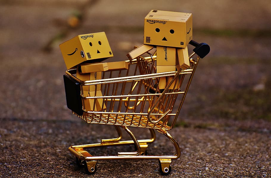 Amazon toy box in push cart toys, danbo, figures, shopping cart, HD wallpaper