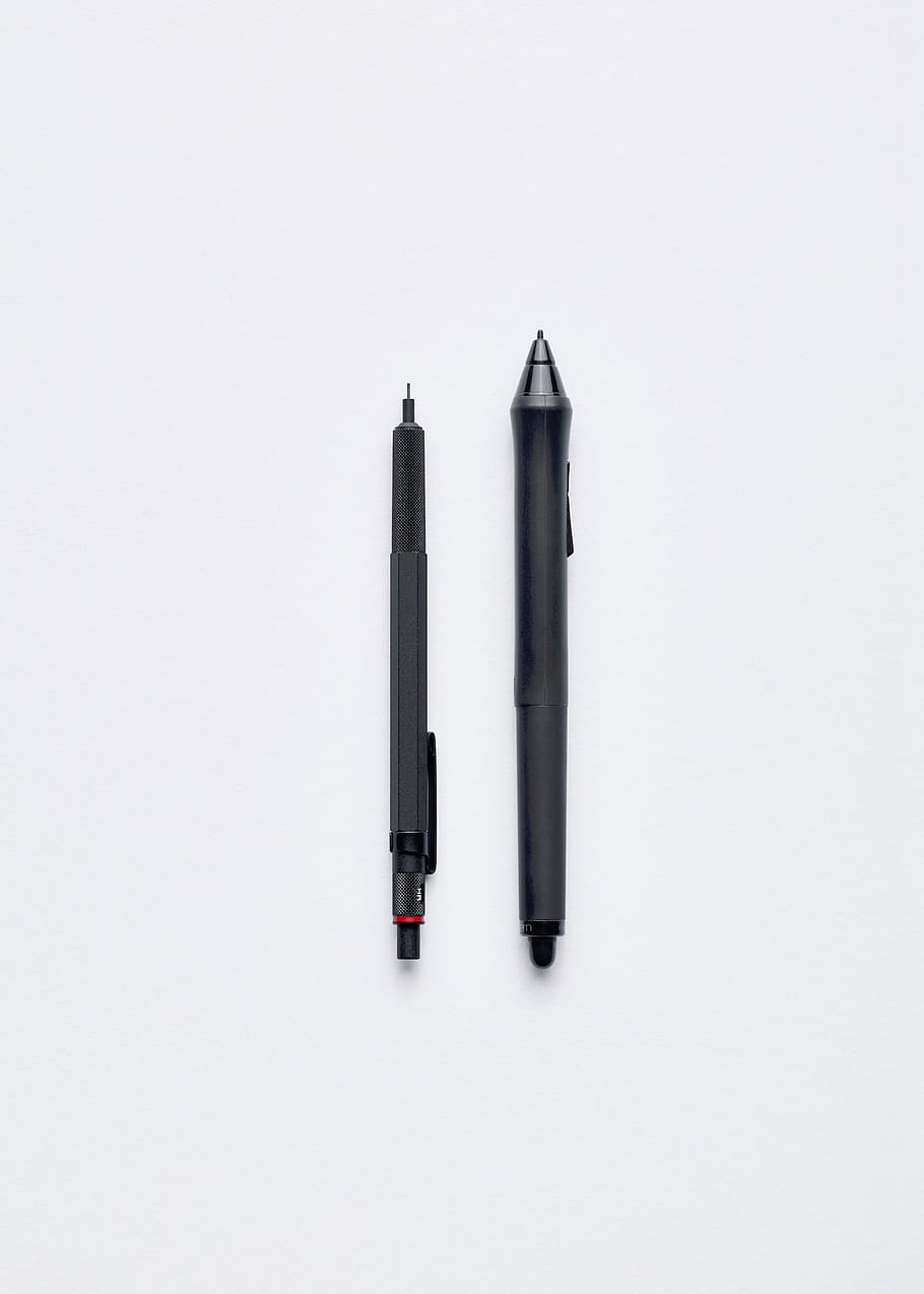 pens, objects, office, writing, black, white background, studio shot HD wallpaper
