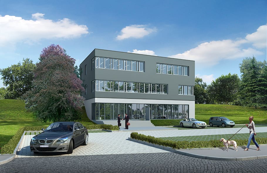 gray BMW sedan parked on driveway near building concept, office building HD wallpaper