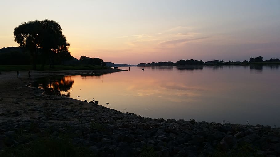 sunset, river, bank, twilight, water, abendstimmung, evening sky HD wallpaper