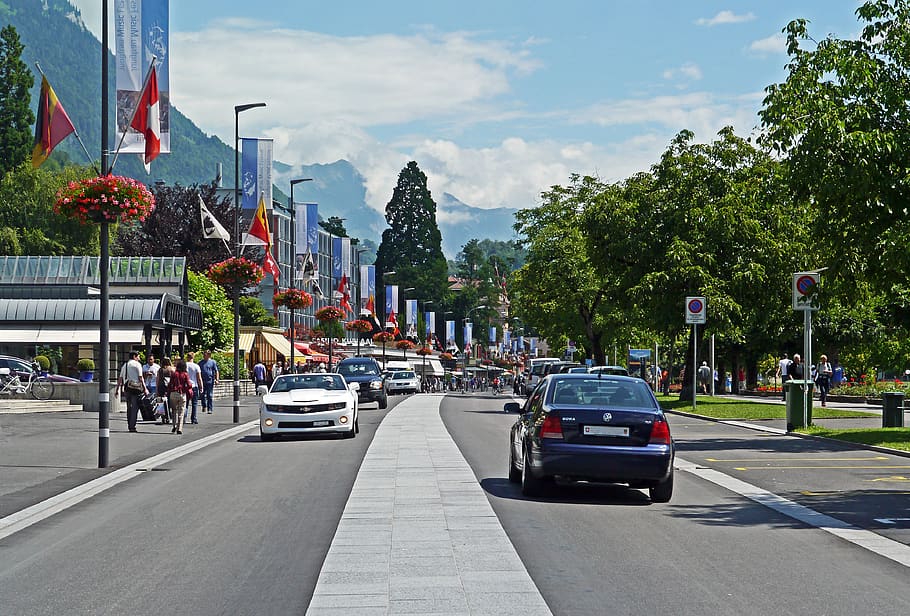 switzerland, interlaken, main road, boulevard, center, park, HD wallpaper