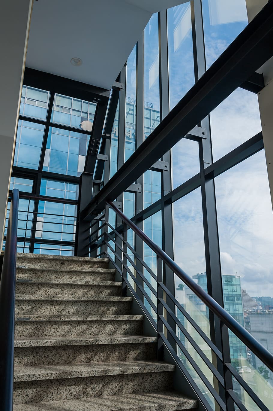 Stairs, Architecture, Indoor, construction, light, sky, handrail HD wallpaper
