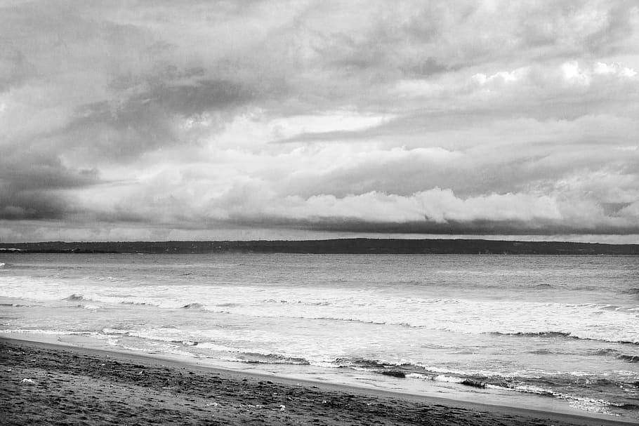 black and white seashore, beach, ocean, cloud - Sky, storm, nature HD wallpaper