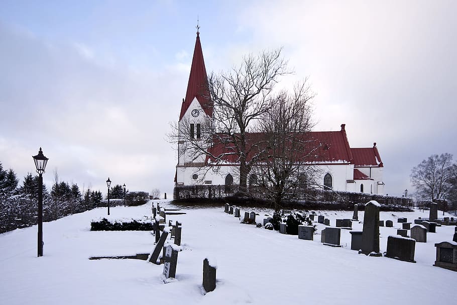 Sweden, Church, Architecture, Spire, cemetery, graves, headstone, HD wallpaper
