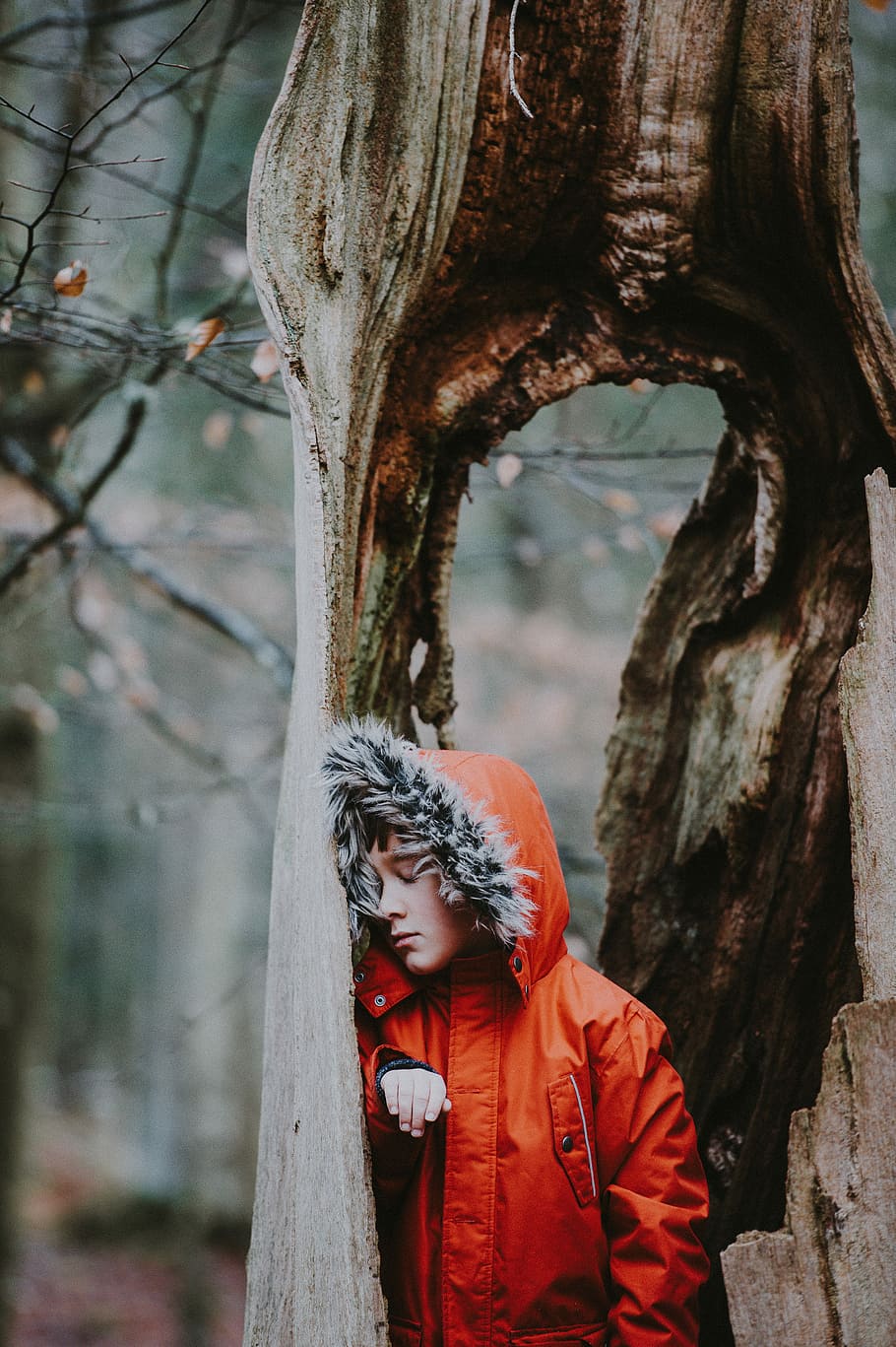Asleep child, boy in orange fur jacket leaning on brown tree HD wallpaper