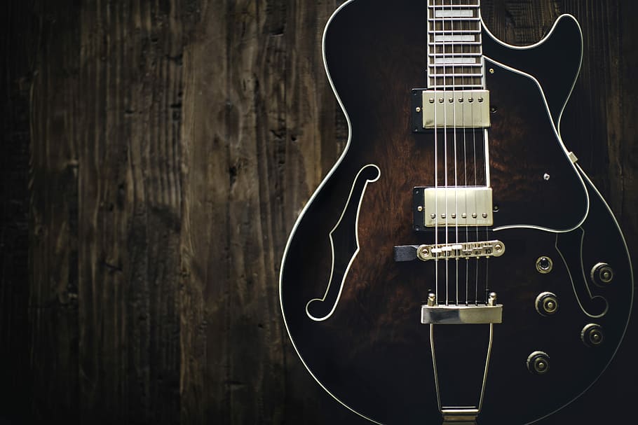 electric jazz guitar, black electric guitar, string, wood, instrument, HD wallpaper