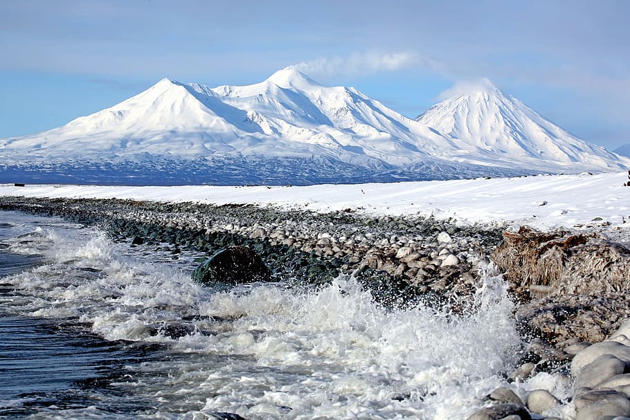 volcanoes, mountains, ocean, wave, coast, foam, spray, beach HD wallpaper