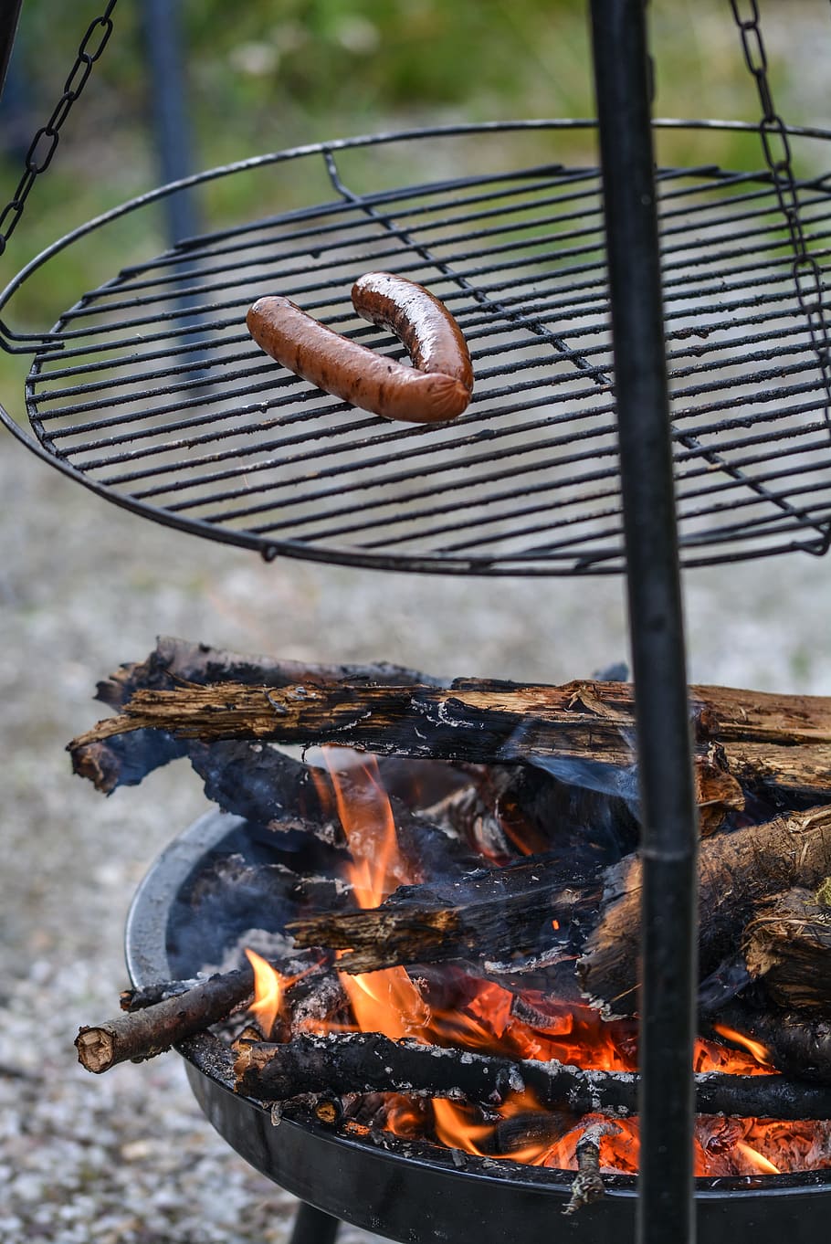 fire, grill, meat, sausage, smoke, grate, campfire, food, outdoor HD wallpaper