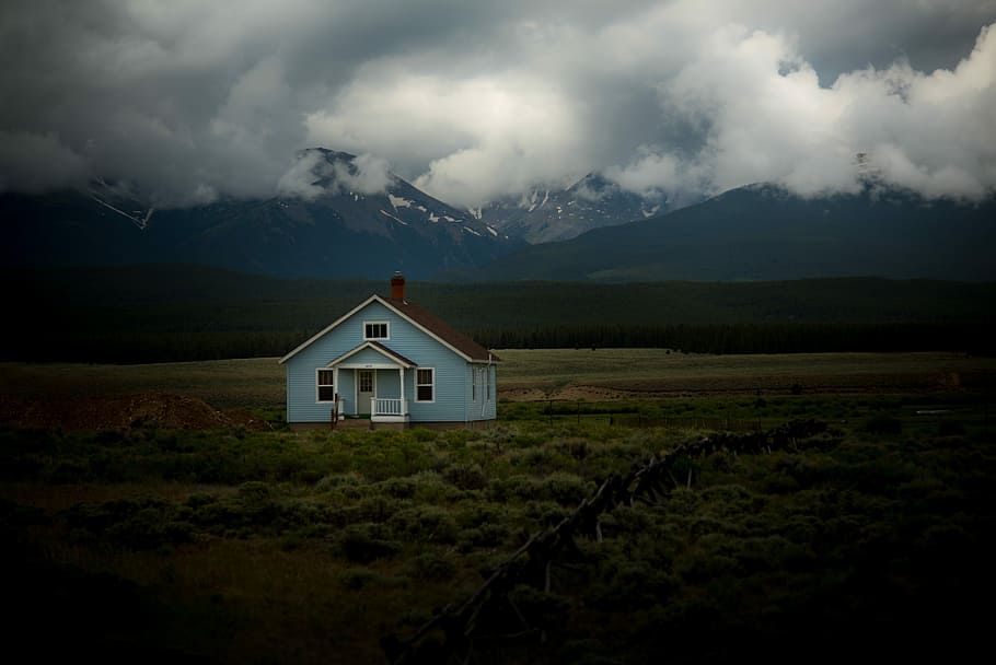 house on grass field under gray sky, blue and brown wooden house in the middle of greenfield HD wallpaper