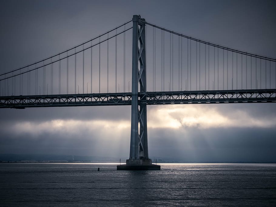 gray bridge under gray sky at sunset, golden, gate, photo, cloudy HD wallpaper