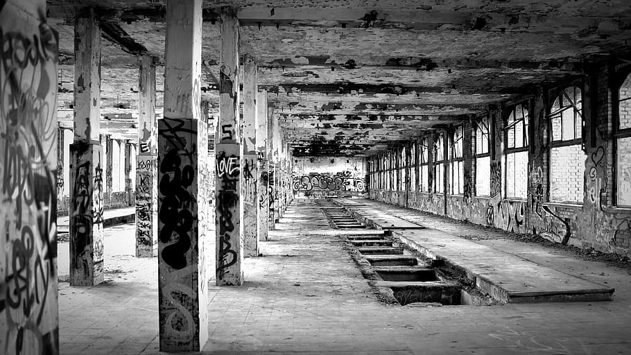 lost places, factory, black white, industrial building, leave, HD wallpaper