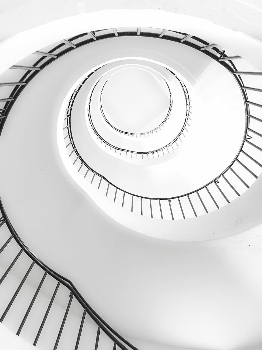 spiral stairs, low-angle photography of spiral stairway, staircase HD wallpaper