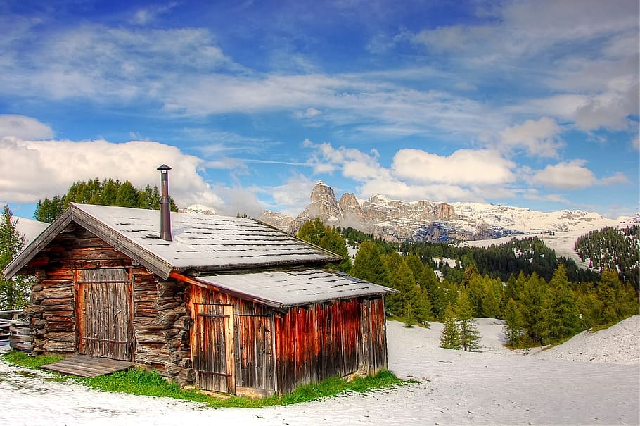brown wooden house near pine trees, dolomites, mountains, snow