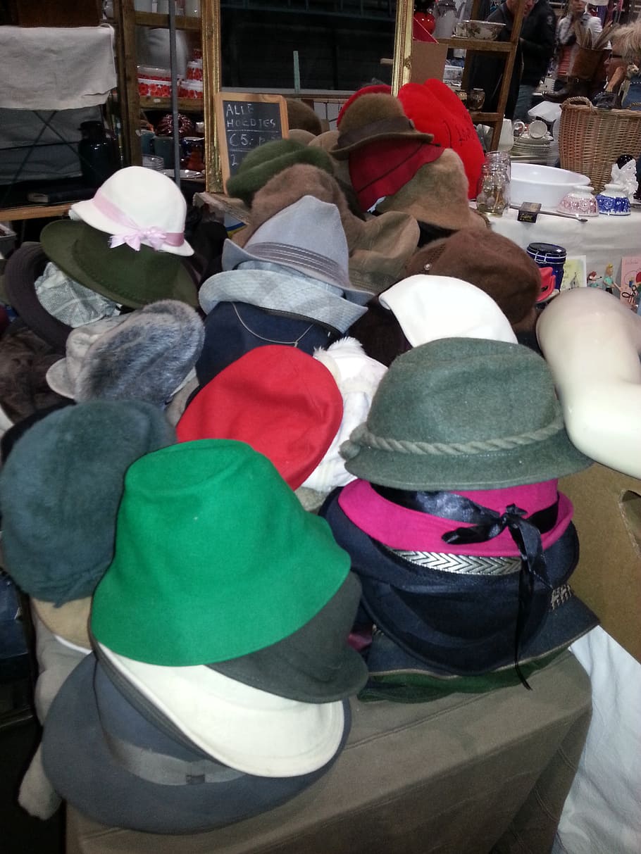 market, flea market, second hand, hats, sales, collection, colors HD wallpaper