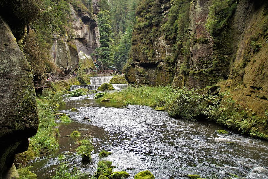 edmund gorge, czech switzerland, valley, river, kamenice, sandstone rocks, HD wallpaper